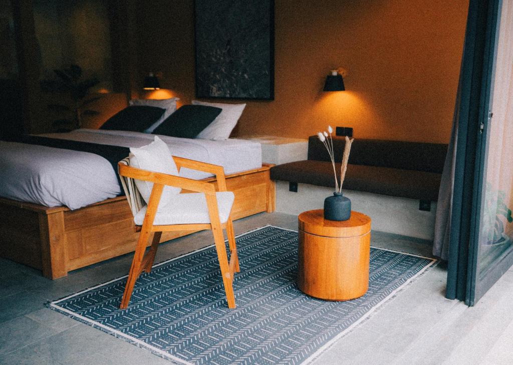 Warmly lit bedroom with wooden furniture