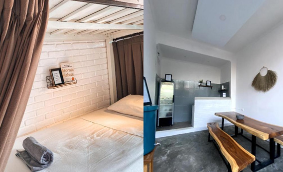 Affordable villa in Canggu featuring a cozy bedroom with white brick walls and a shared dining area with wooden tables