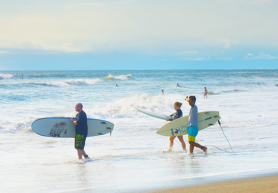 Surfers walking along the beach