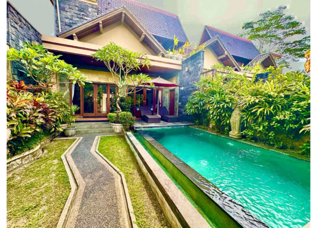 Luxury villa with a private pool and lush greenery