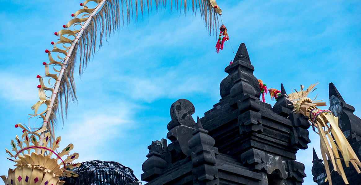 Close-up of Balinese temple with ceremonial decorations