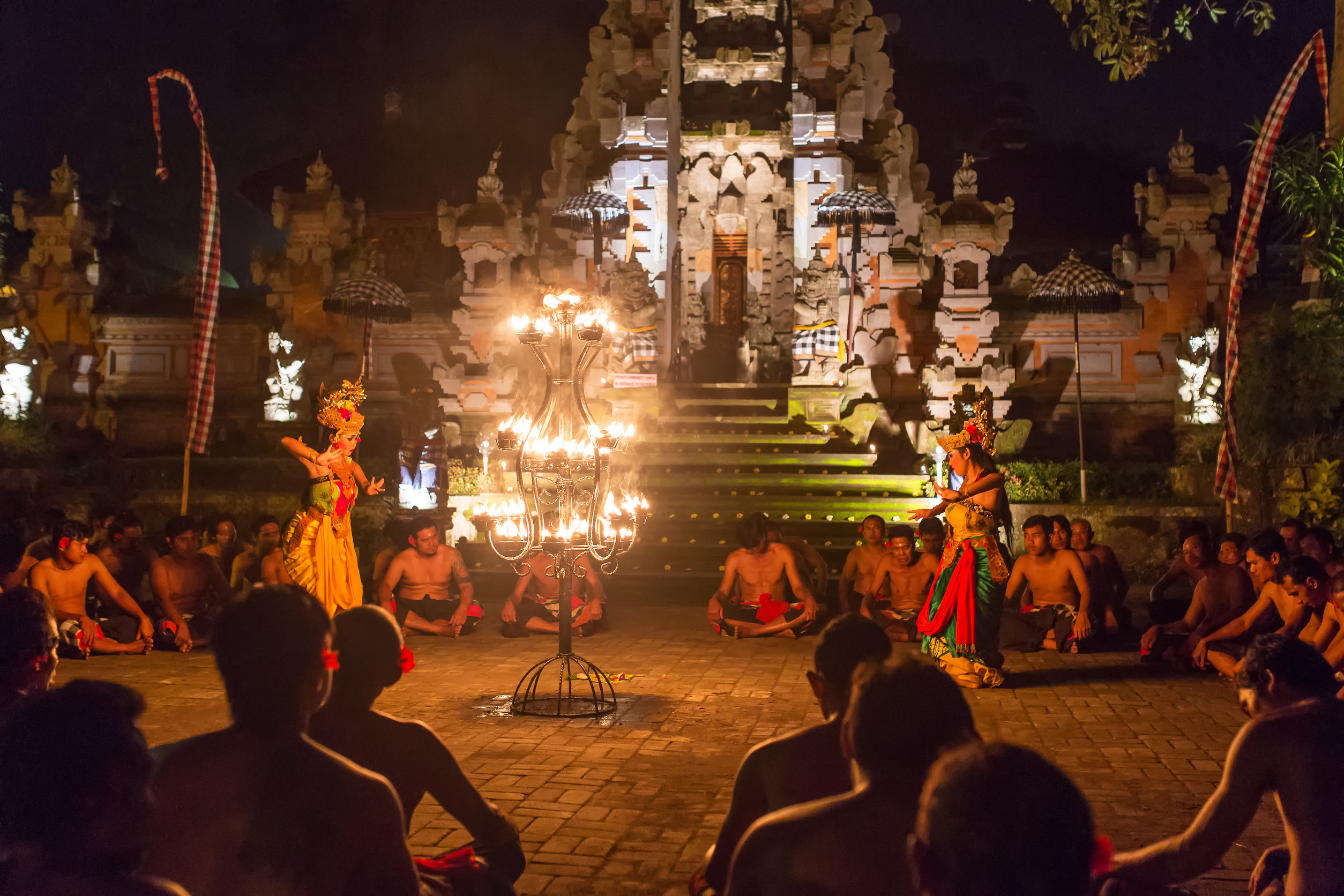 Night performance at Uluwatu Temple with fire centerpiece