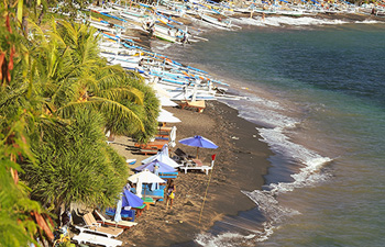 Fishing boats along dark sandy beach with palm trees in Amed
