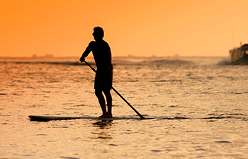 Man paddle boarding at sunset