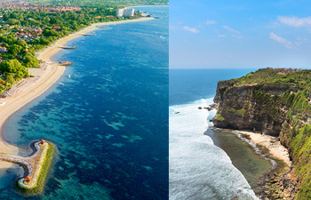 Aerial split view of Sanur and Nusa Dua’s coastlines
