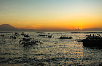 Fishing boats anchored near the shore at golden hour