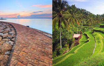 Split image of Sanur beachfront and Ubud’s rice terraces