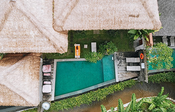 Tropical villa courtyard with pool, garden, and thatched roof