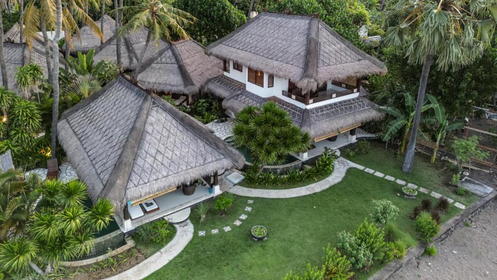 Aerial view of villas with thatched roofs