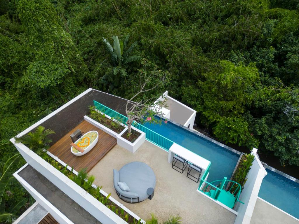 Rooftop pool with forest views